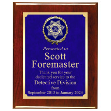 Premium Solid Hardwood Plaque with Blue Marble Texture Plate and Raised Medallion Holder