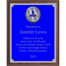 Economy Engraved Wall Plaque with blue aluminum plate, coordinating border and raised medallion holder