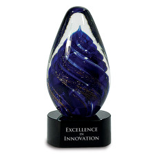 6 3/4" Blue Tear Drop Art Glass on Black Base