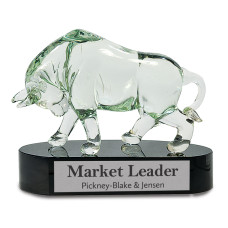 8 1/4" Clear Art Glass Bull on Black Base